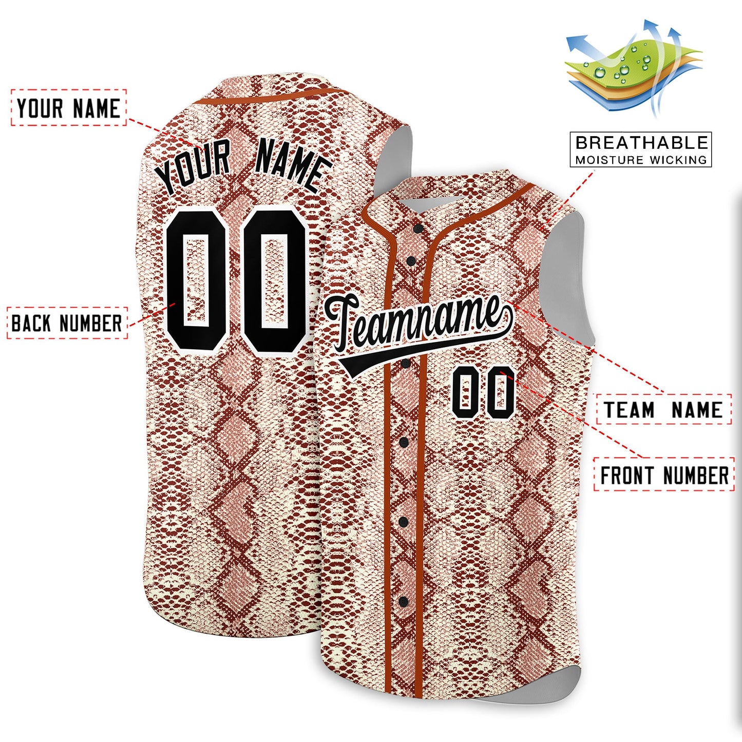 Custom Texas Orange Snakeskin Pattern Authentic Sleeveless Baseball Jersey Limited