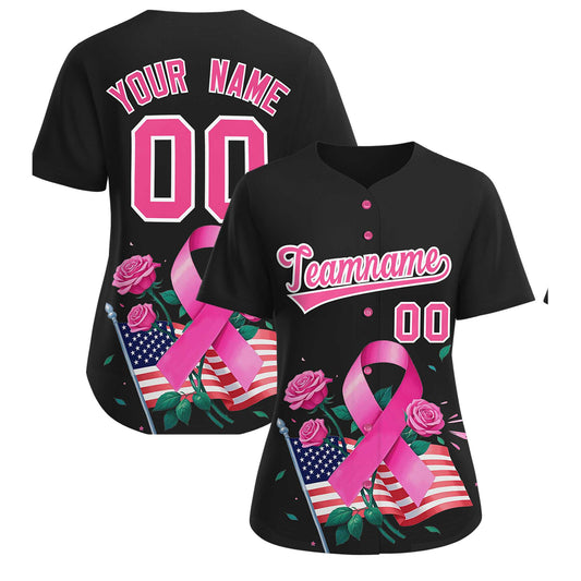 Custom Black Pink Breast Cancer Awareness Month Pink Ribbon Authentic Baseball Jersey for Women