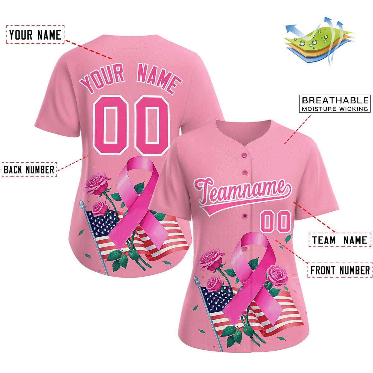 Custom Light Pink Pink Breast Cancer Awareness Month Pink Ribbon Authentic Baseball Jersey for Women Limited