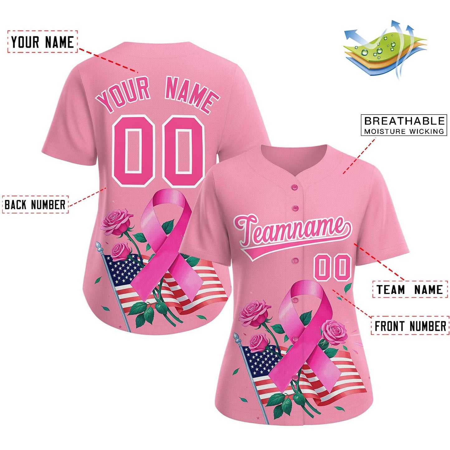 Custom Light Pink Pink Breast Cancer Awareness Month Pink Ribbon Authentic Baseball Jersey for Women Limited