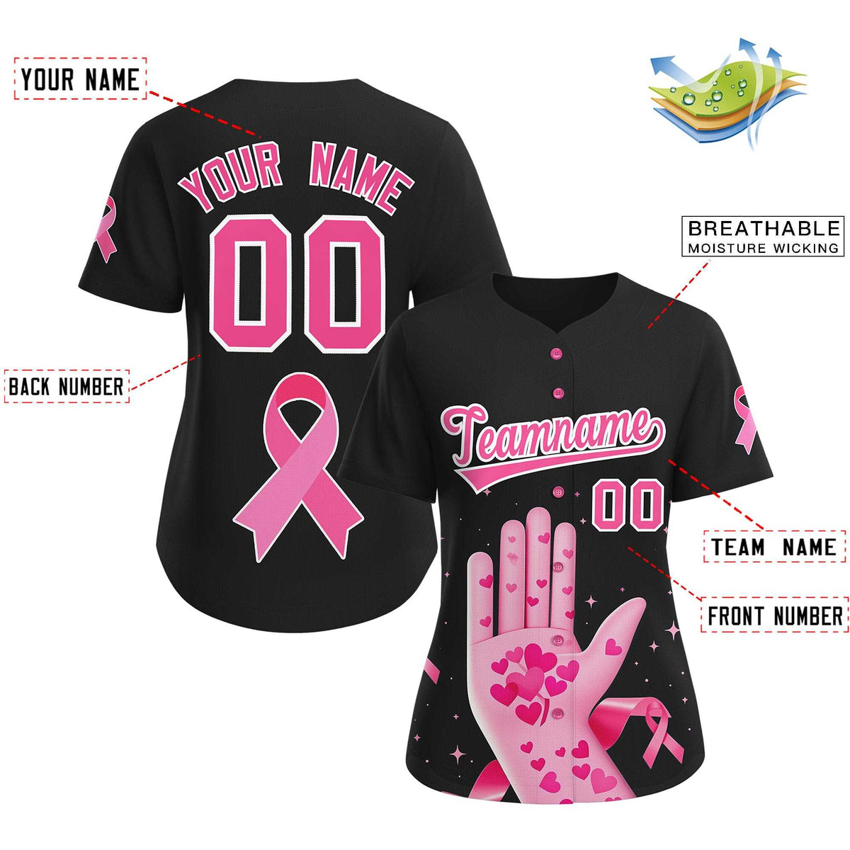 Custom Black Pink Breast Cancer Awareness Month Pink Ribbon Authentic Baseball Jersey for Women Limited