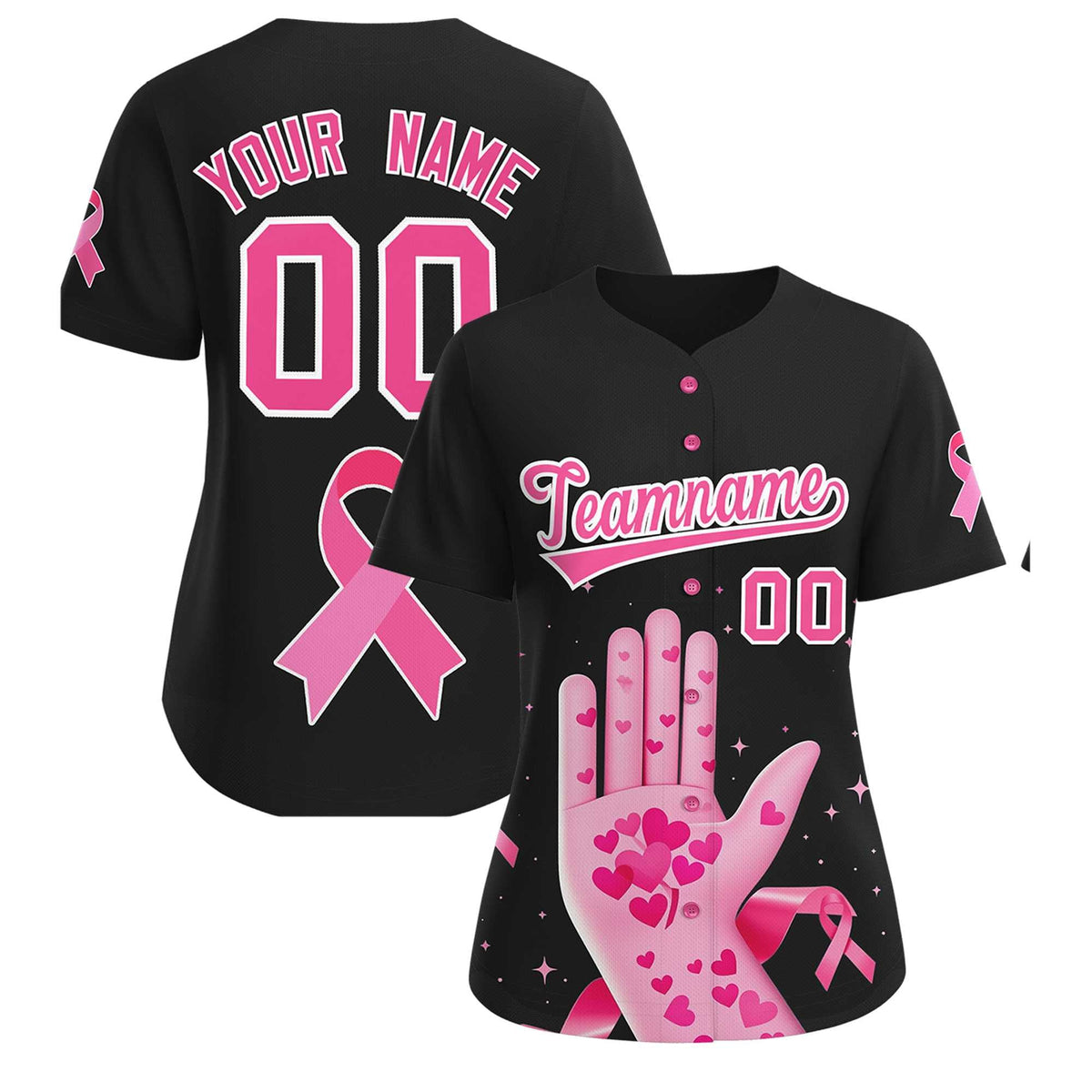 Custom Black Pink Breast Cancer Awareness Month Pink Ribbon Authentic Baseball Jersey for Women