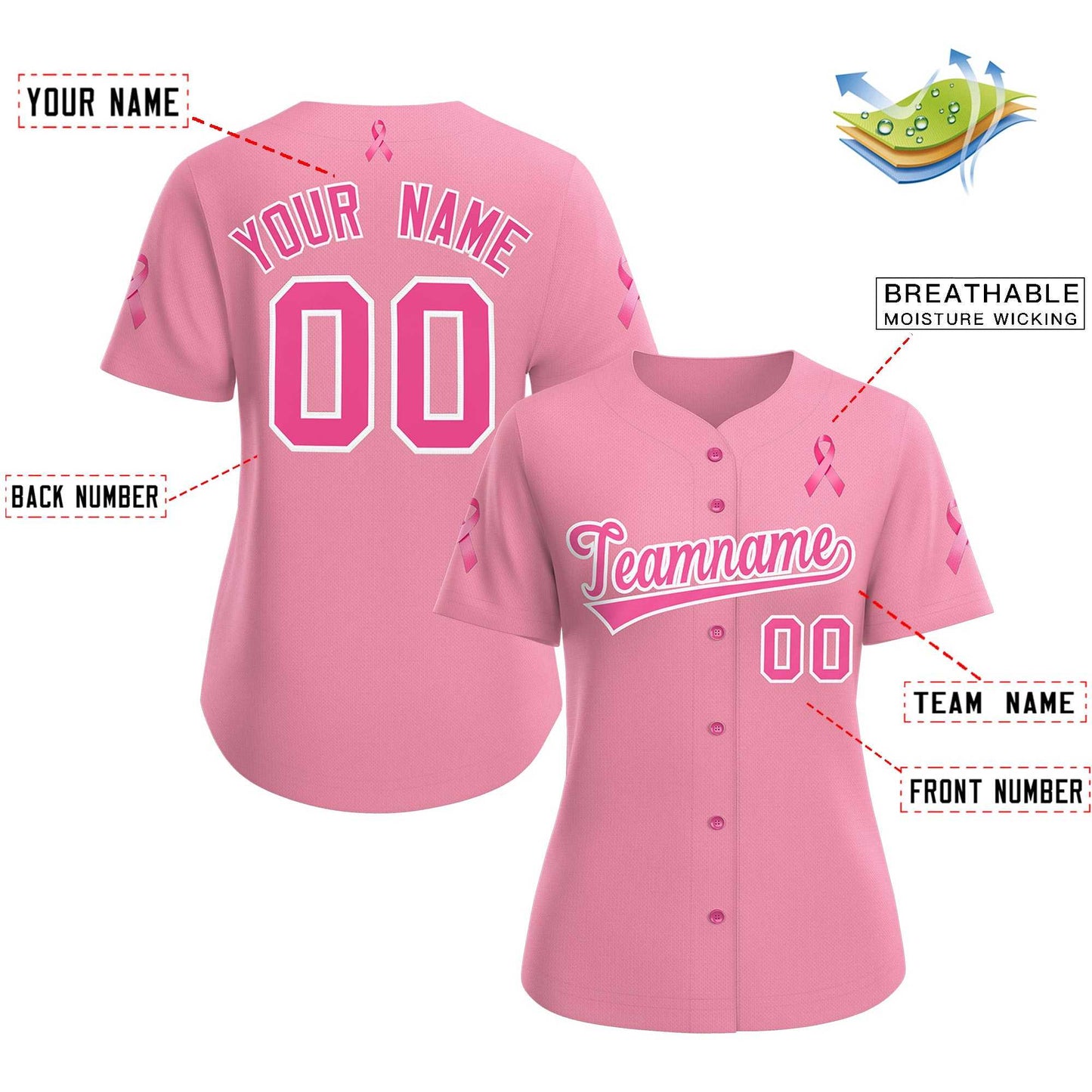 Custom Light Pink Pink Breast Cancer Awareness Month Pink Ribbon Authentic Baseball Jersey for Women Limited