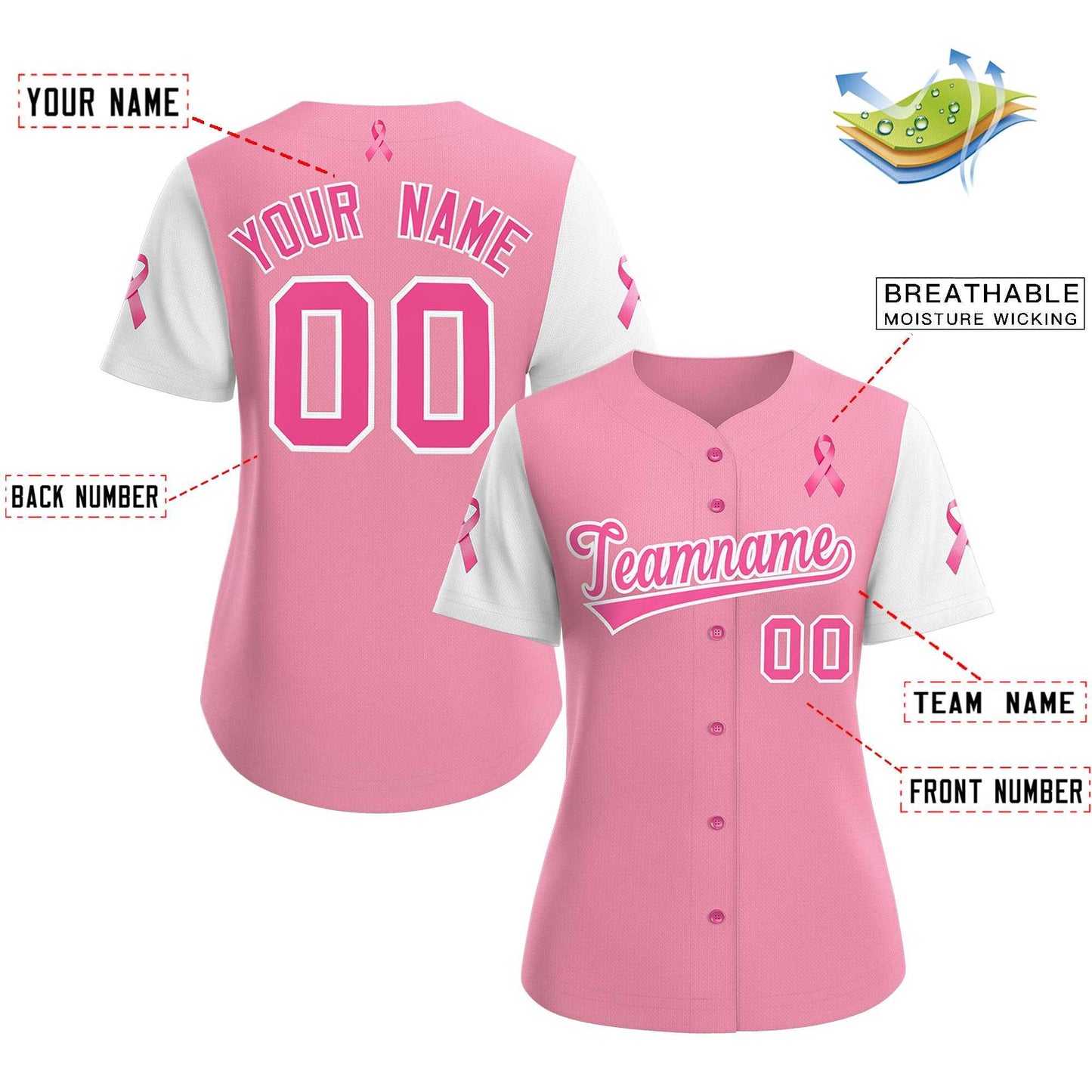 Custom Light Pink White Breast Cancer Awareness Month Pink Ribbon Authentic Baseball Jersey for Women Limited
