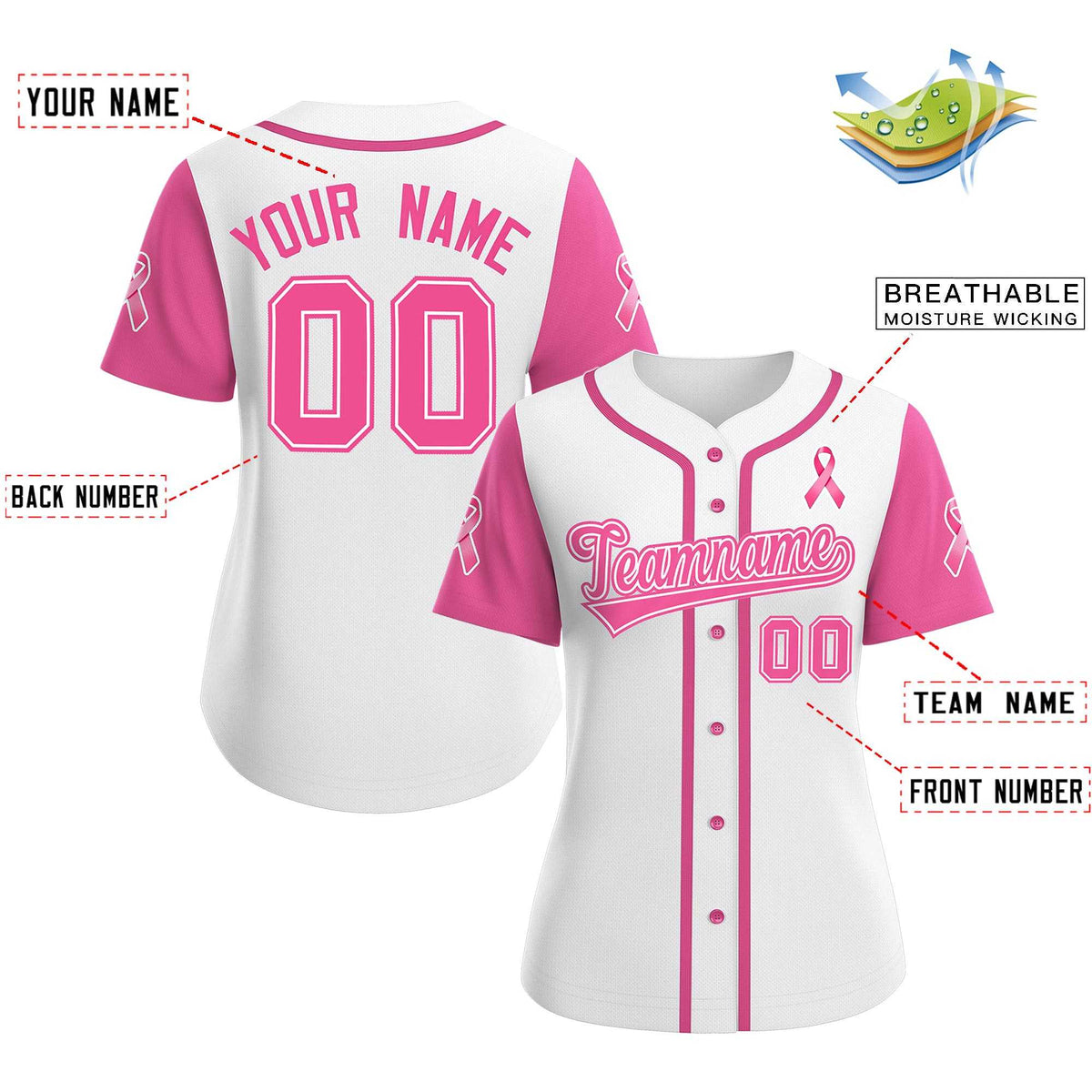Custom White Pink Breast Cancer Awareness Month Pink Ribbon Authentic Baseball Jersey for Women Limited