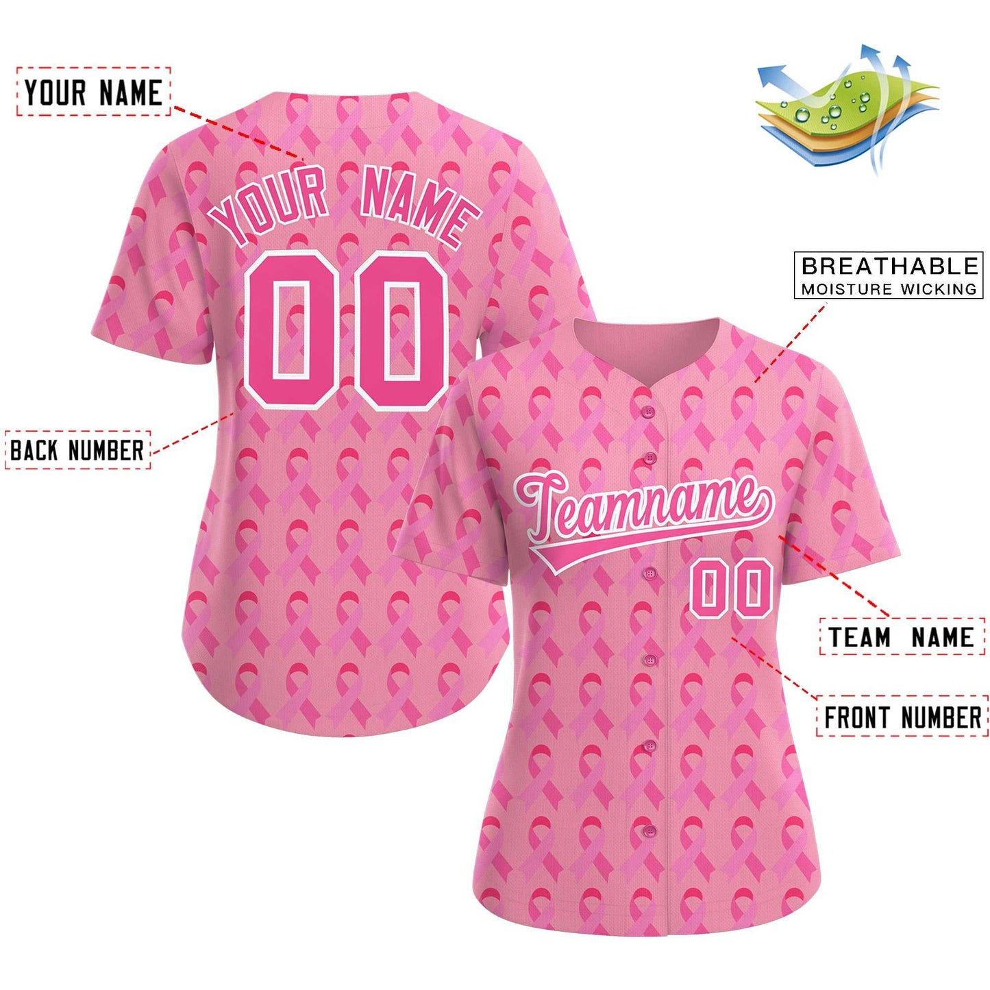 Custom Light Pink Pink Breast Cancer Awareness Month Pink Ribbon Authentic Baseball Jersey for Women Limited