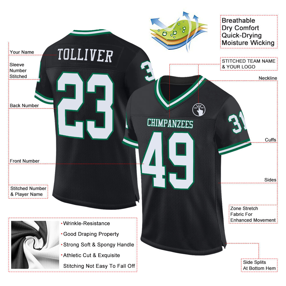 Custom Black White-Kelly Green Mesh Authentic Throwback Football Jersey Limited