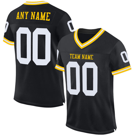 Custom Black White-Gold Mesh Authentic Throwback Football Jersey Limited