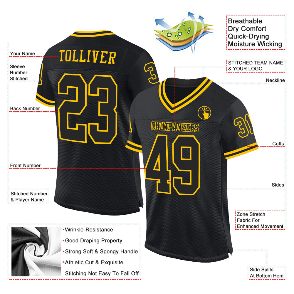 Custom Black Black-Gold Mesh Authentic Throwback Football Jersey Limited