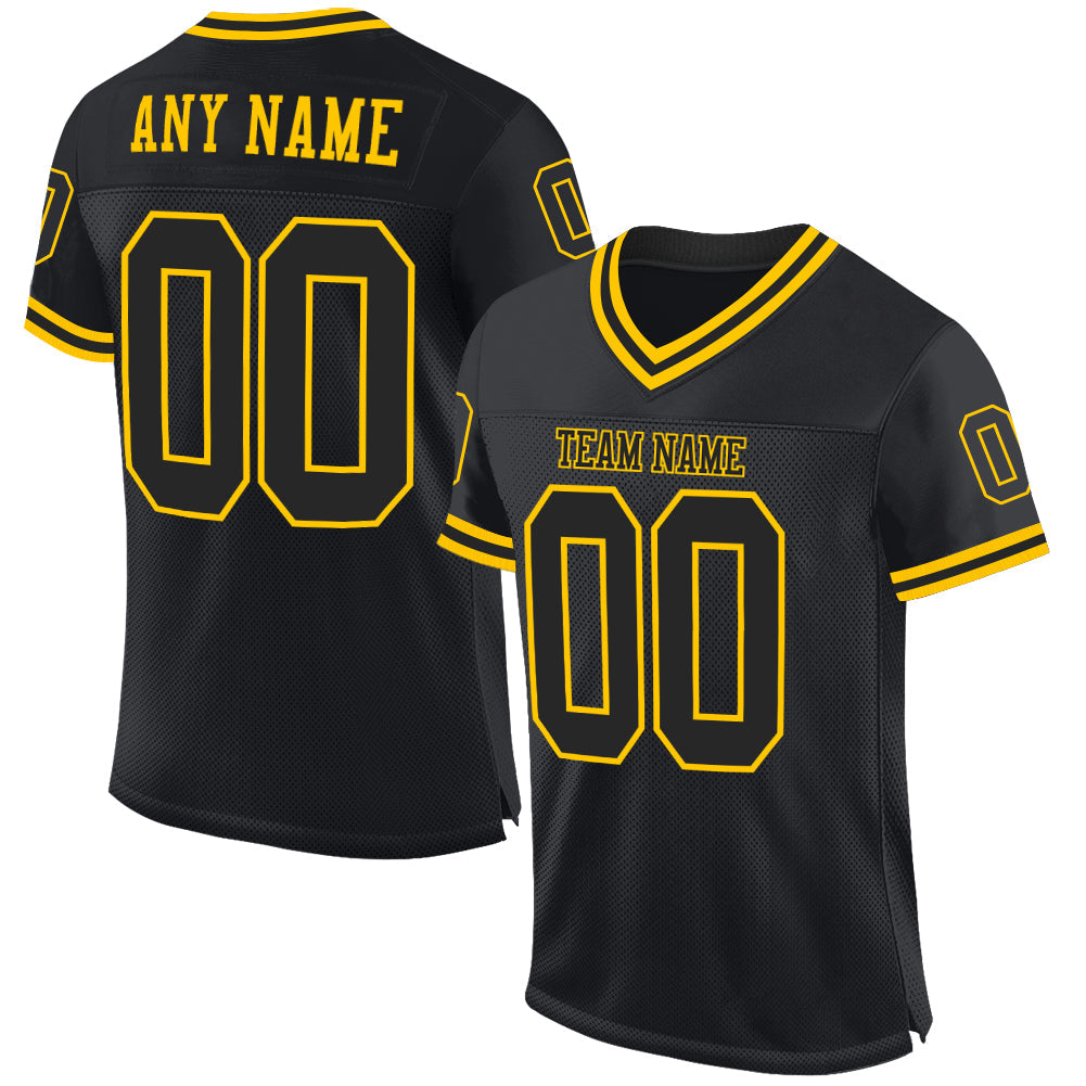 Custom Black Black-Gold Mesh Authentic Throwback Football Jersey Limited