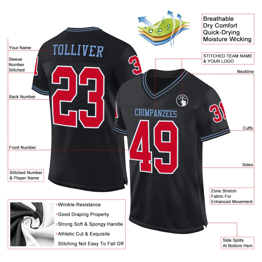 Custom Black Red-Light Blue Mesh Authentic Throwback Football Jersey Limited