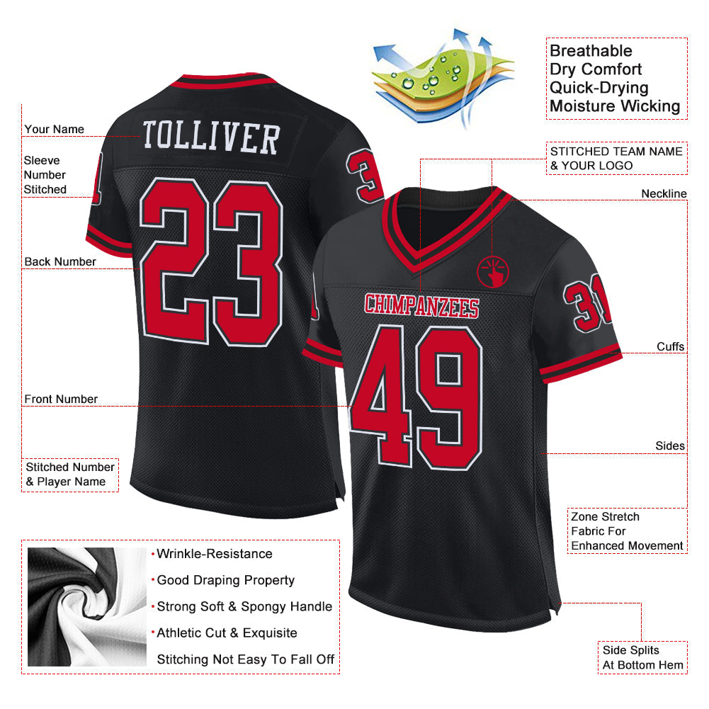 Custom Black Red-White Mesh Authentic Throwback Football Jersey Limited