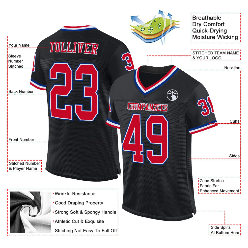 Custom Black Red-Royal Mesh Authentic Throwback Football Jersey Limited