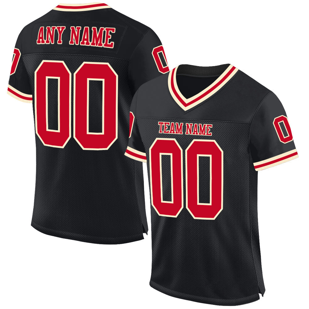 Custom Black Red-Cream Mesh Authentic Throwback Football Jersey Limited