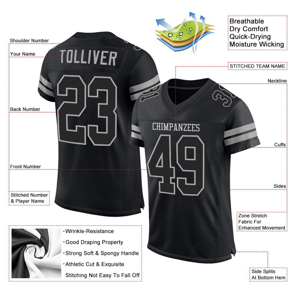 Custom Black Black-Gray Mesh Authentic Football Jersey Limited