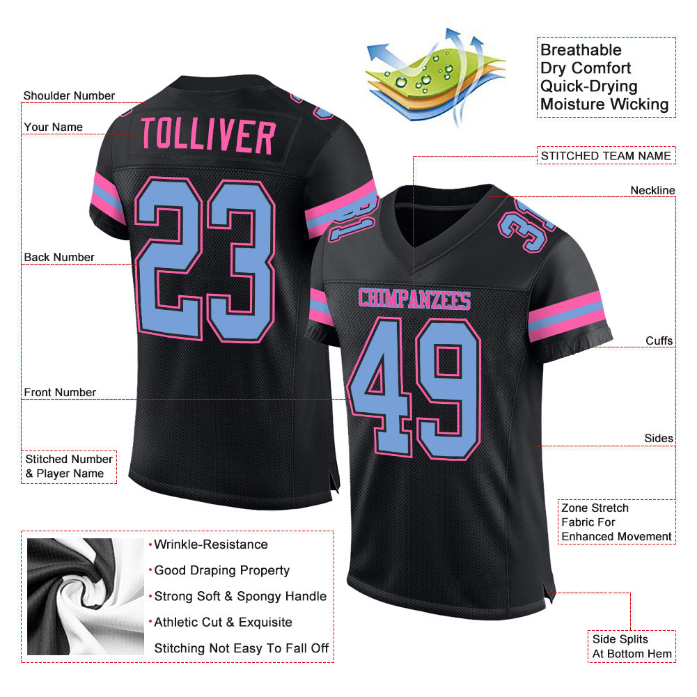 Custom Black Light Blue-Pink Mesh Authentic Football Jersey Limited