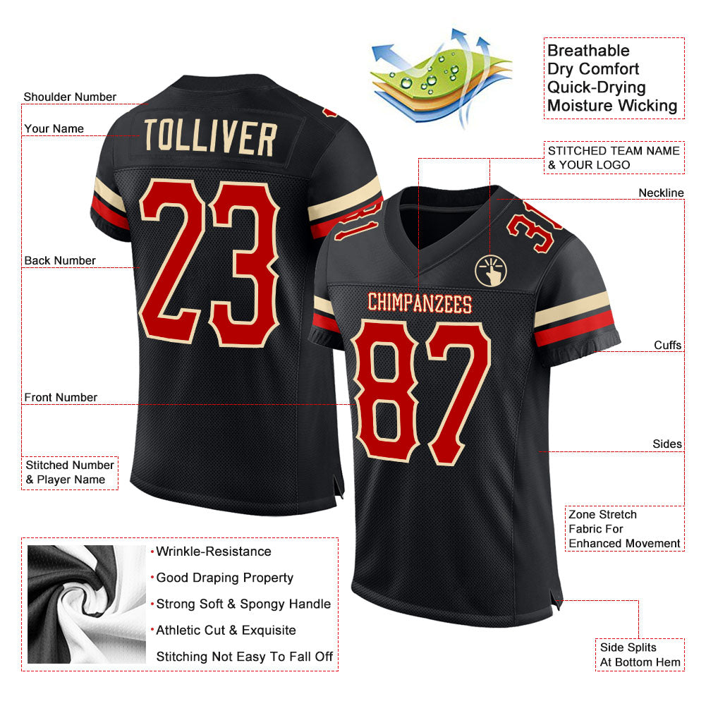 Custom Black Red-Cream Mesh Authentic Football Jersey Limited