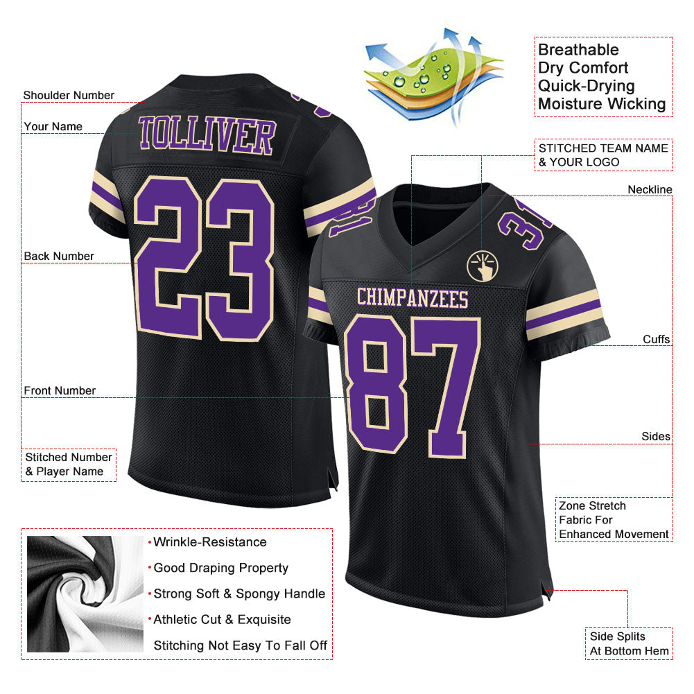 Custom Black Purple-Cream Mesh Authentic Football Jersey Limited