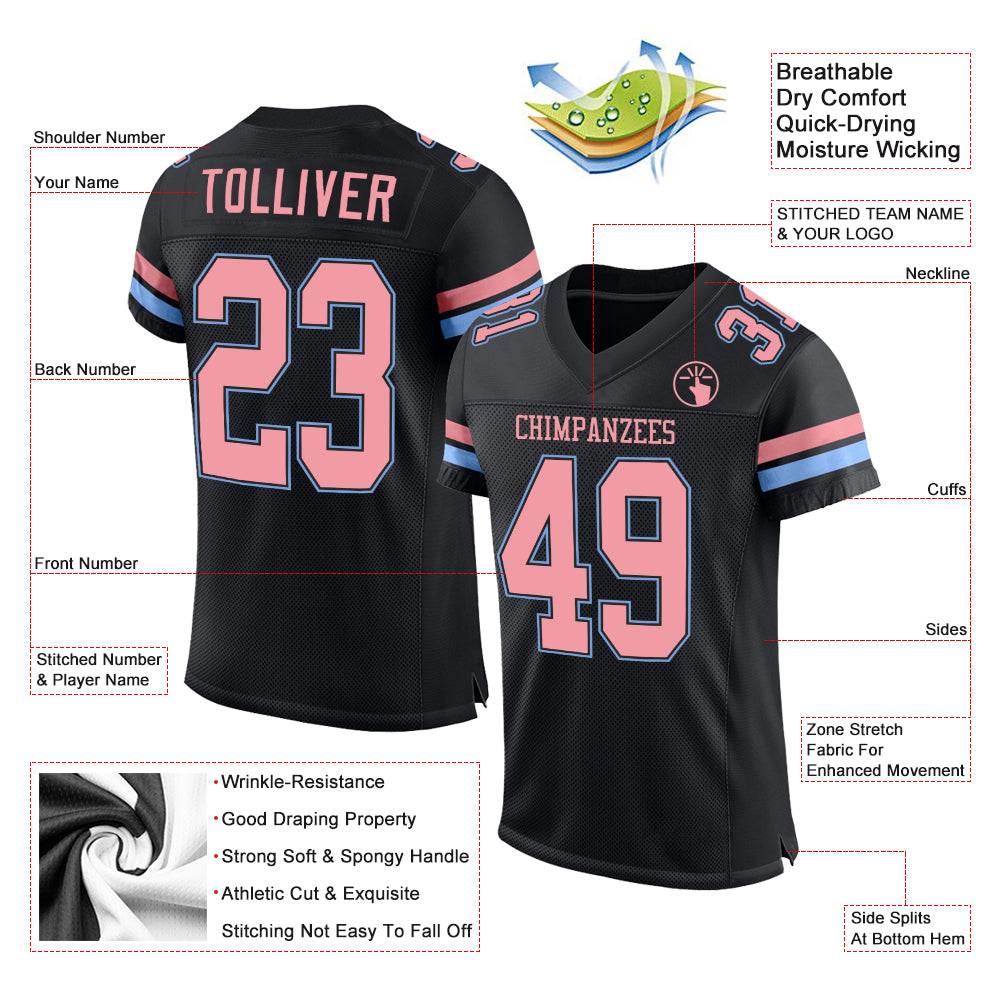Custom Black Medium Pink-Light Blue Mesh Authentic Football Jersey Limited