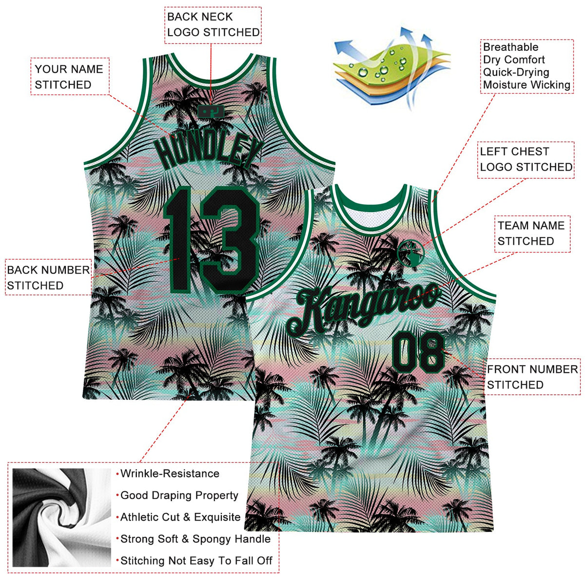 Custom Black Black-Kelly Green 3D Pattern Tropical Hawaii Palm Leaves Authentic Basketball Jersey Limited
