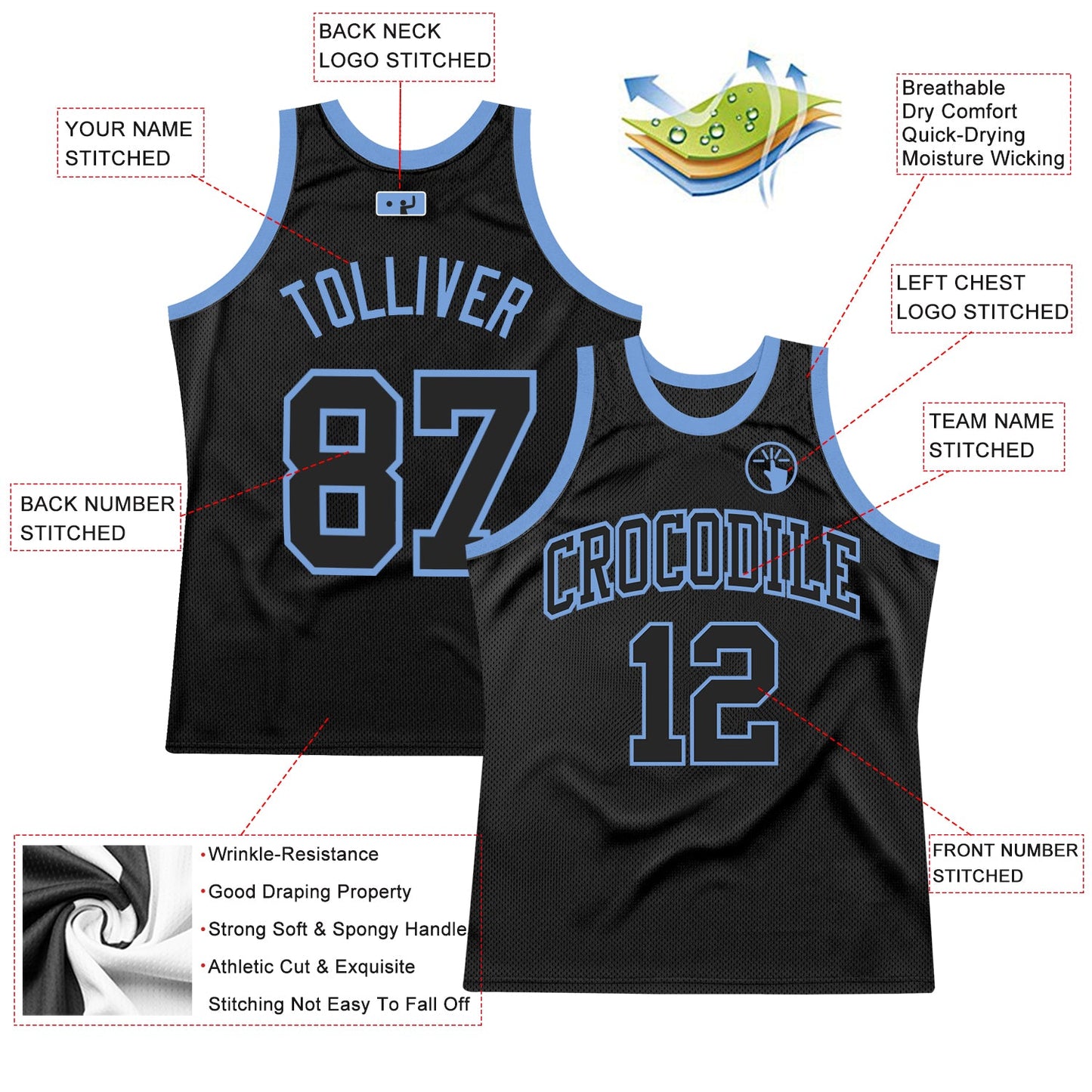 Custom Black Black-Light Blue Authentic Throwback Basketball Jersey Limited