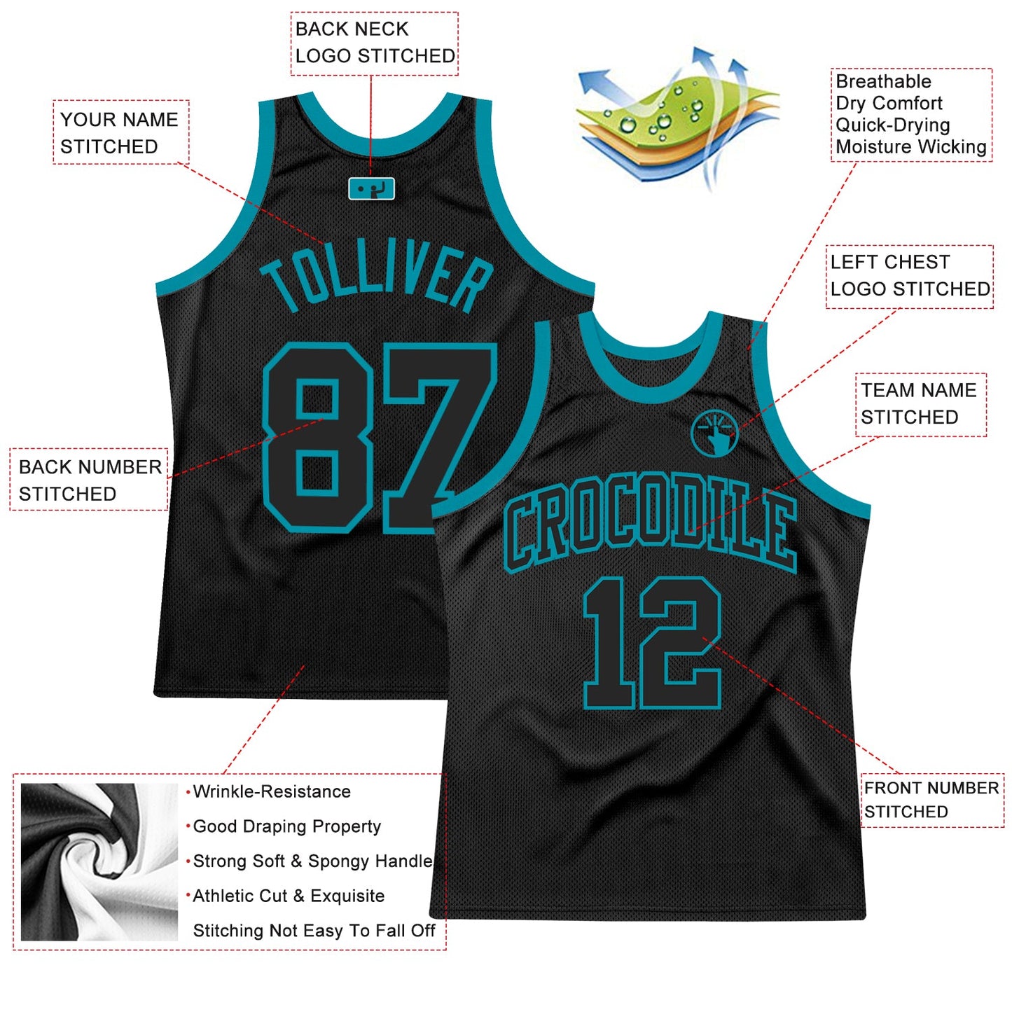 Custom Black Black-Teal Authentic Throwback Basketball Jersey Limited