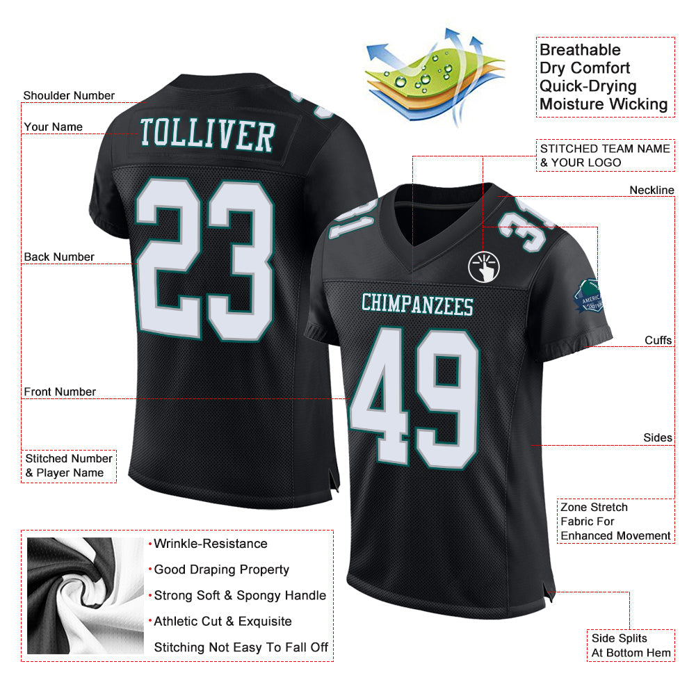 Custom Black White Gray-Midnight Green Mesh Authentic Football Jersey Limited