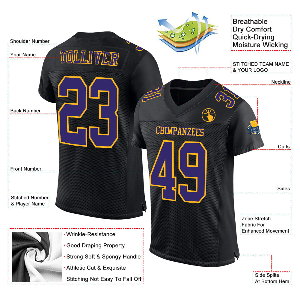 Custom Black Purple-Gold Mesh Authentic Football Jersey Limited