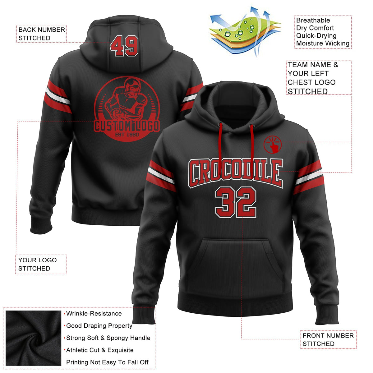 Custom Stitched Black Red-White Football Pullover Sweatshirt Hoodie Limited