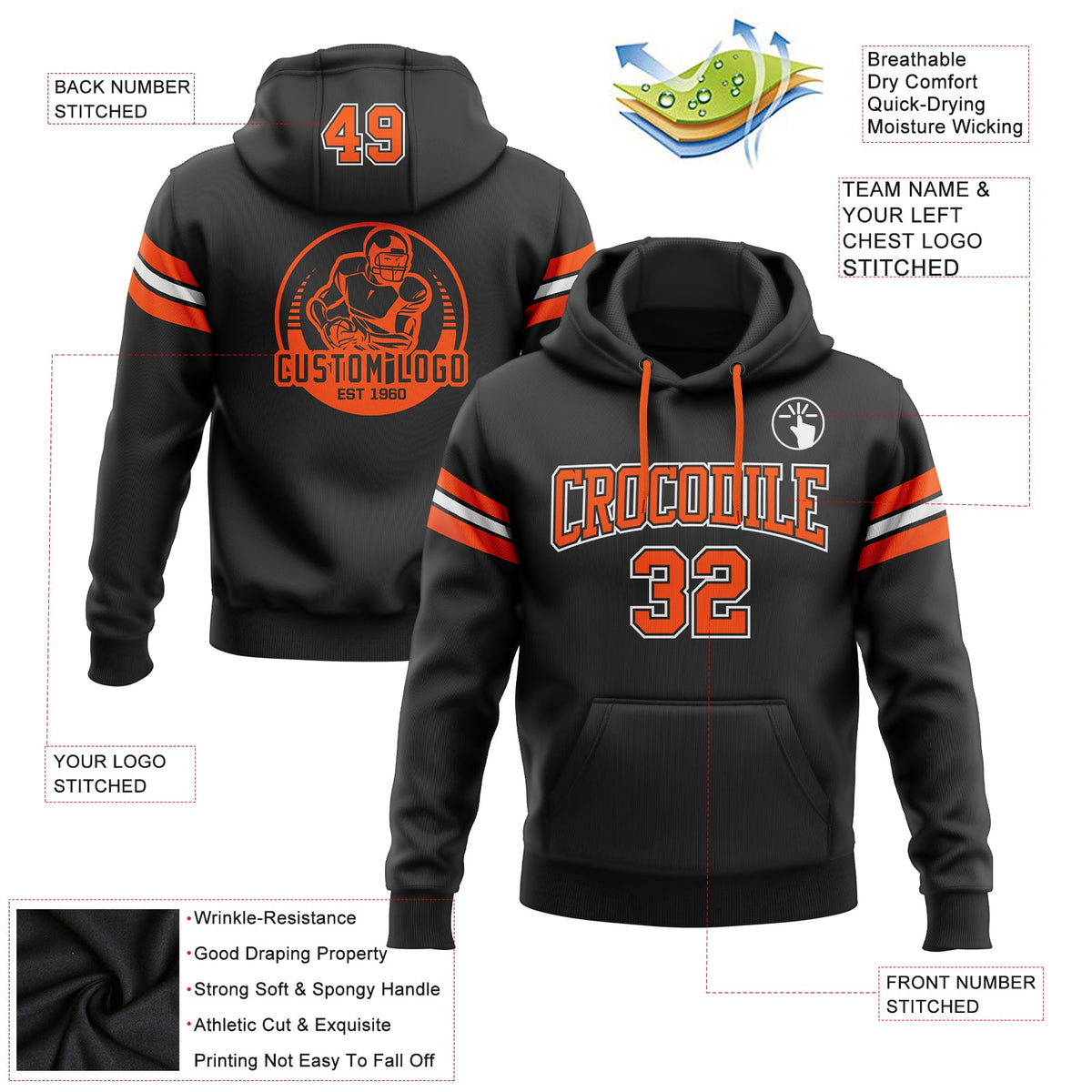 Custom Stitched Black Orange-White Football Pullover Sweatshirt Hoodie Limited