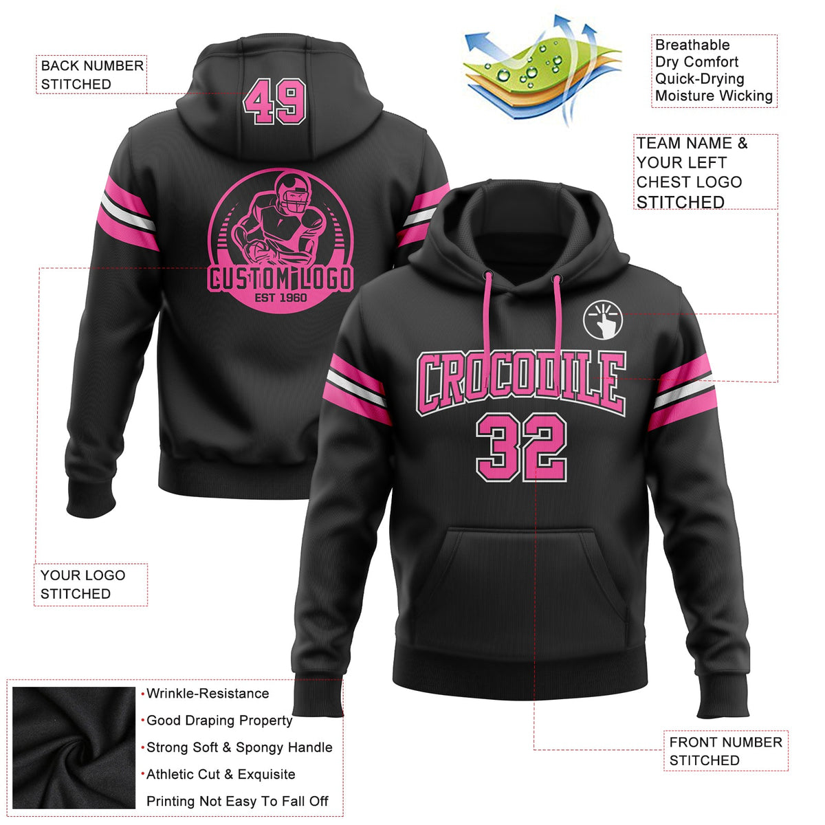 Custom Stitched Black Pink-White Football Pullover Sweatshirt Hoodie Limited