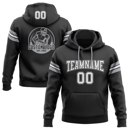Custom Stitched Black White-Gray Football Pullover Sweatshirt Hoodie Limited