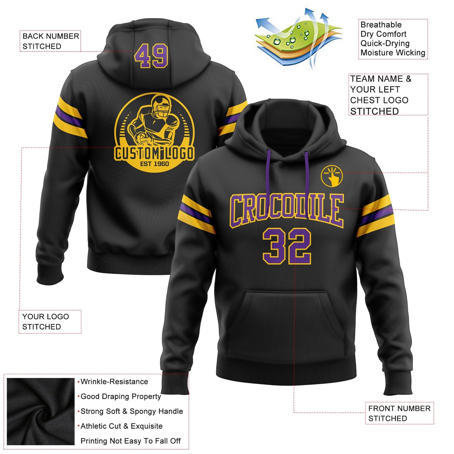 Custom Stitched Black Purple-Gold Football Pullover Sweatshirt Hoodie Limited
