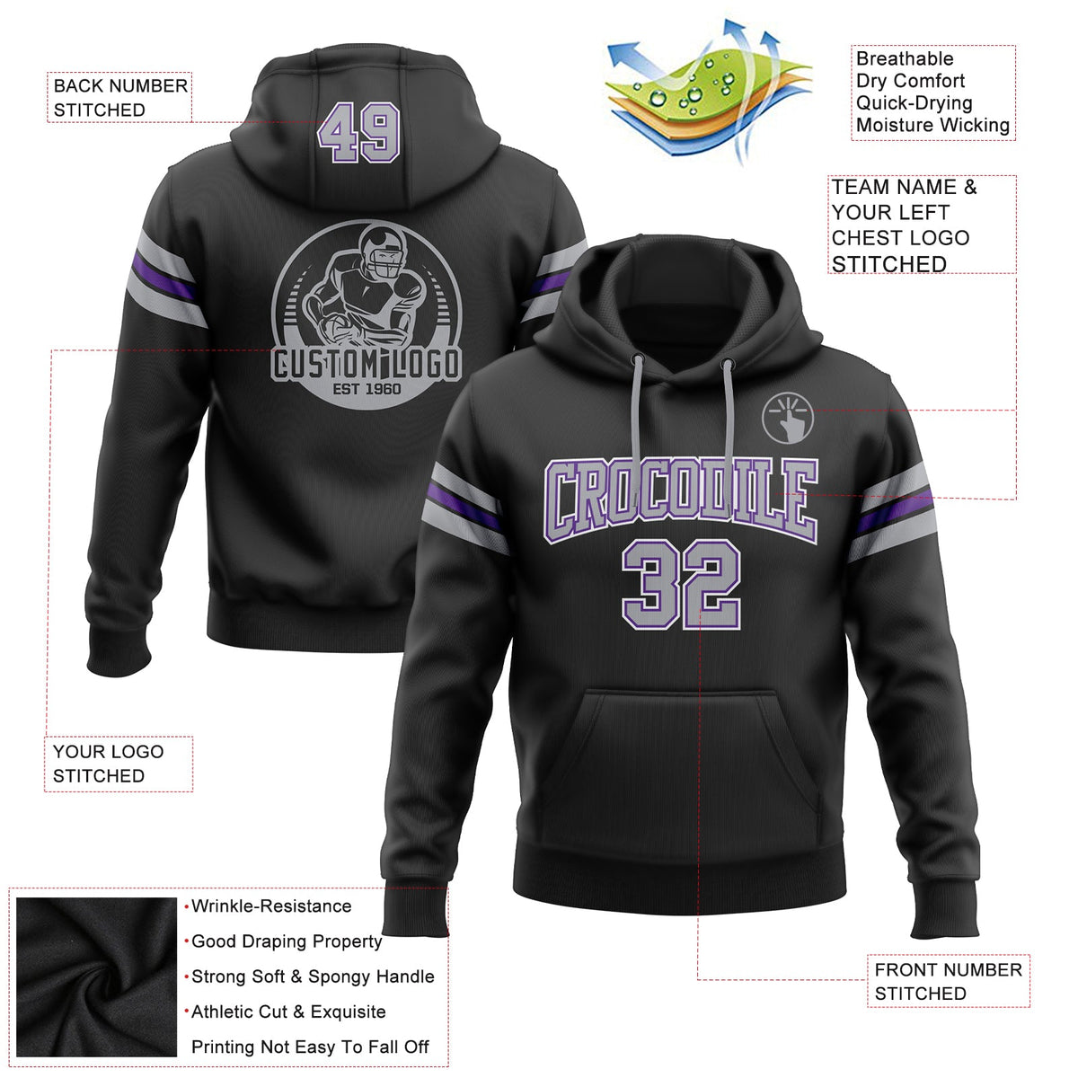 Custom Stitched Black Gray-Purple Football Pullover Sweatshirt Hoodie Limited