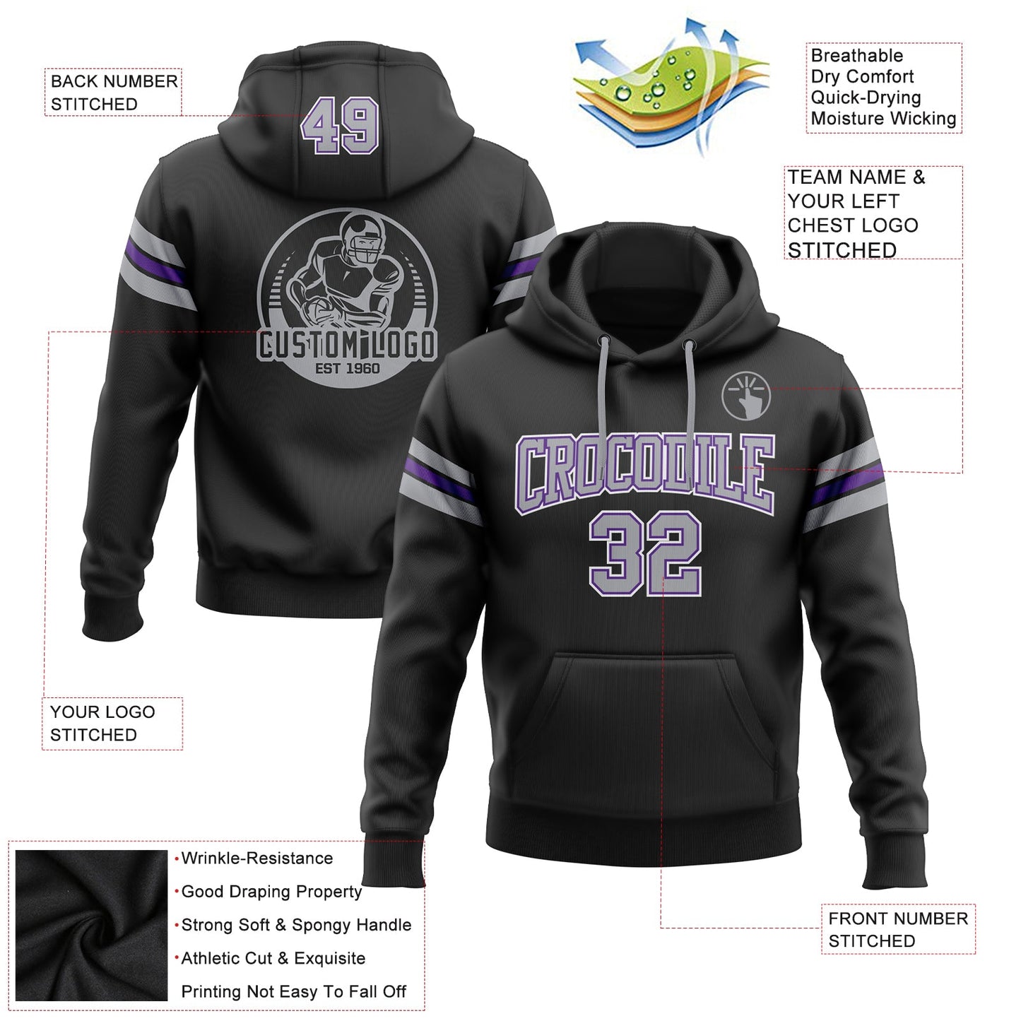 Custom Stitched Black Gray-Purple Football Pullover Sweatshirt Hoodie Limited