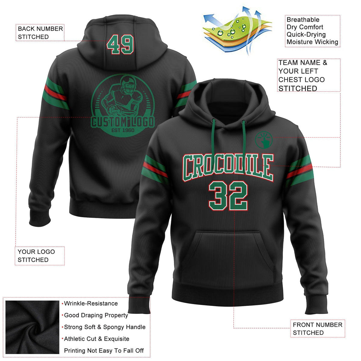 Custom Stitched Black Kelly Green-Red Football Pullover Sweatshirt Hoodie Limited