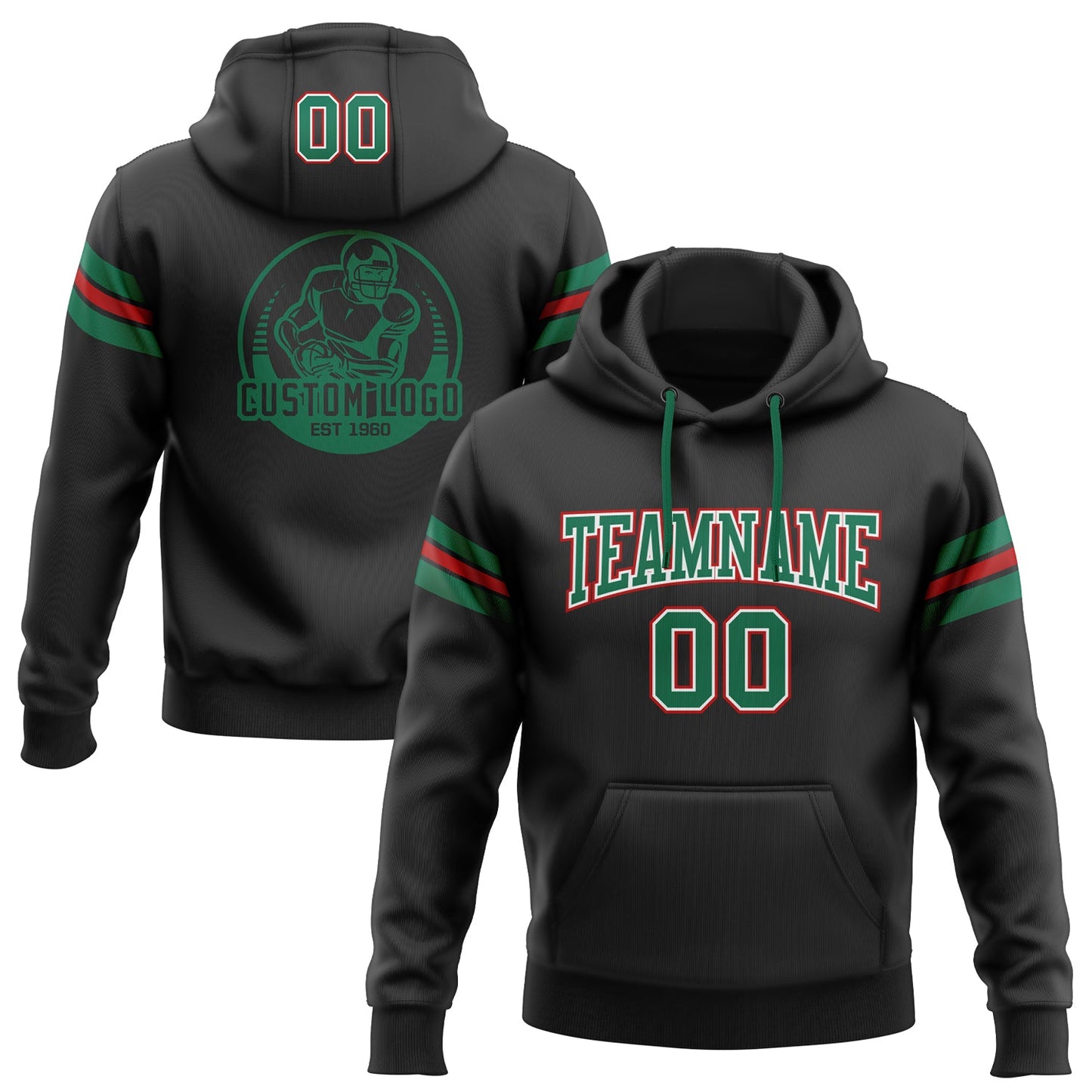Custom Stitched Black Kelly Green-Red Football Pullover Sweatshirt Hoodie Limited