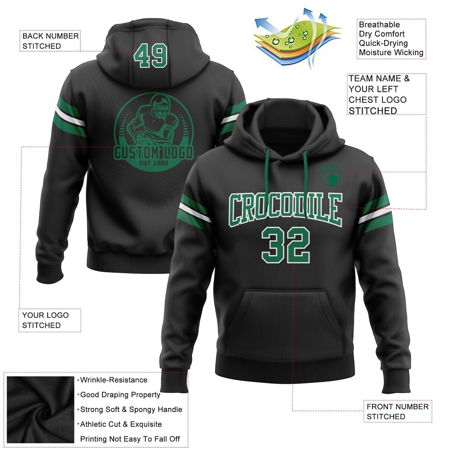 Custom Stitched Black Kelly Green-White Football Pullover Sweatshirt Hoodie Limited