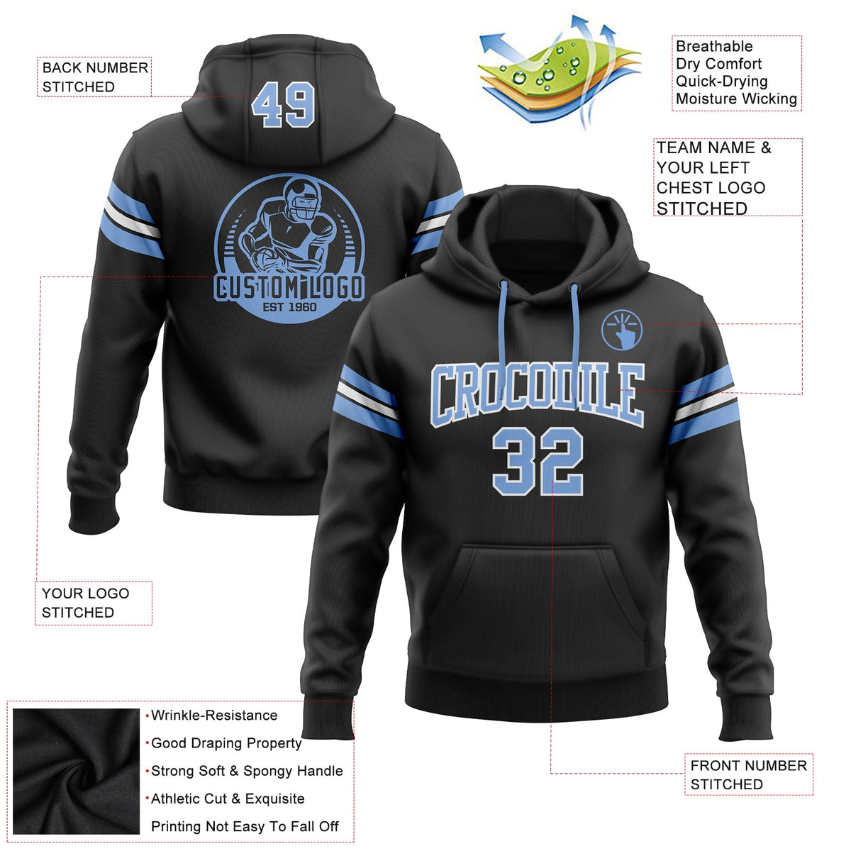 Custom Stitched Black Light Blue-White Football Pullover Sweatshirt Hoodie Limited