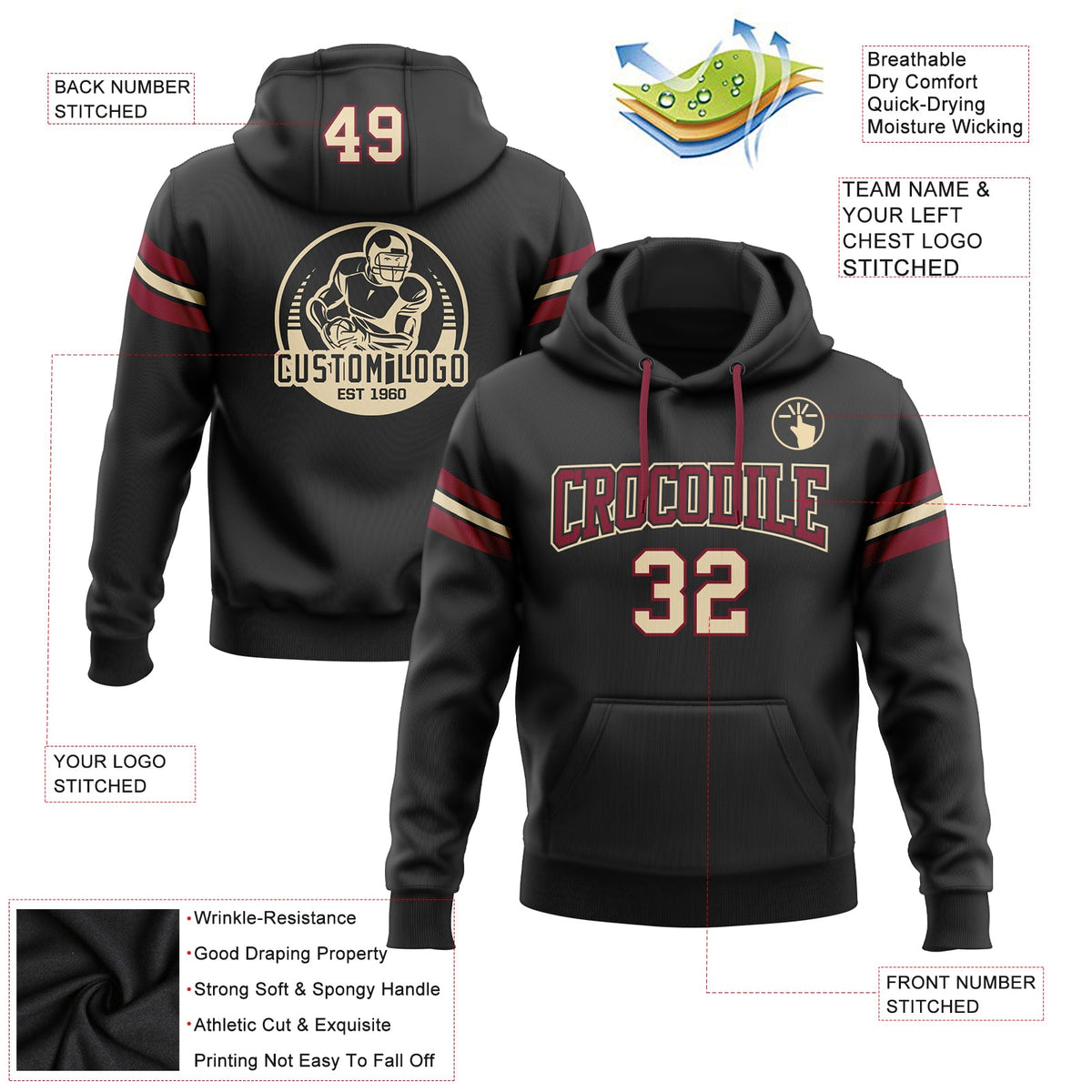 Custom Stitched Black Cream-Crimson Football Pullover Sweatshirt Hoodie Limited