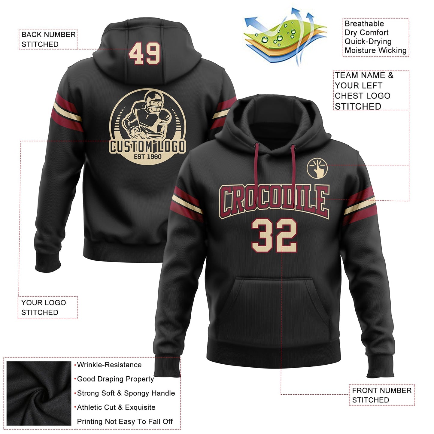 Custom Stitched Black Cream-Crimson Football Pullover Sweatshirt Hoodie Limited