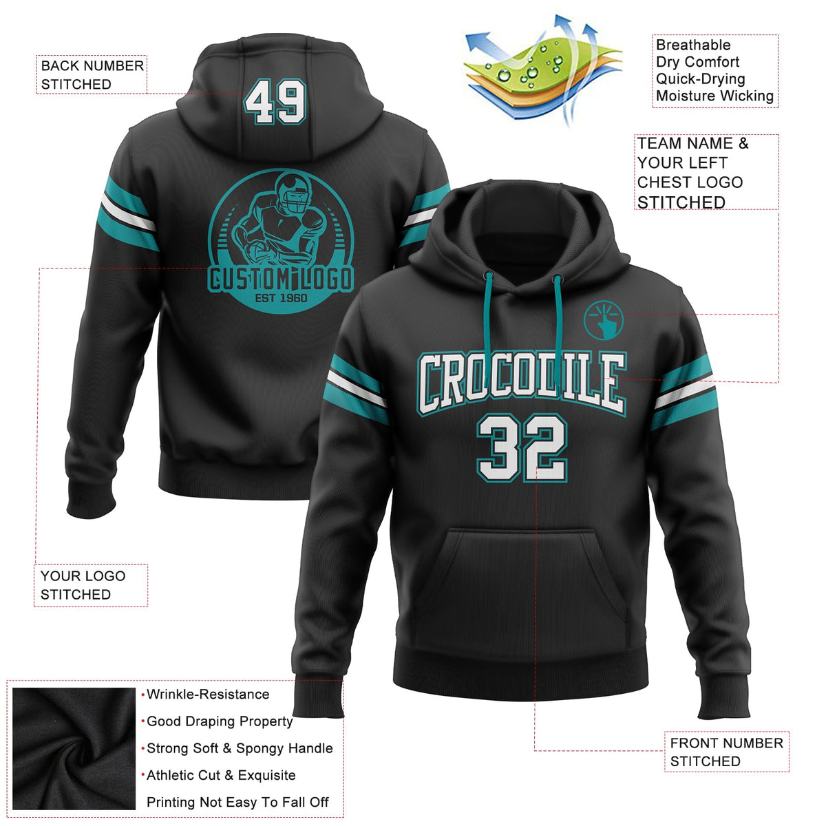 Custom Stitched Black White-Aqua Football Pullover Sweatshirt Hoodie Limited