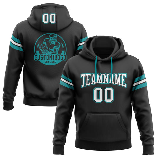 Custom Stitched Black White-Aqua Football Pullover Sweatshirt Hoodie Limited