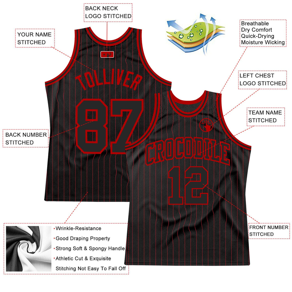Custom Black Red Pinstripe Black-Red Authentic Basketball Jersey Limited