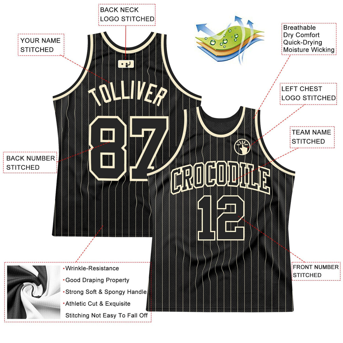 Custom Black Cream Pinstripe Black-Cream Authentic Basketball Jersey Limited