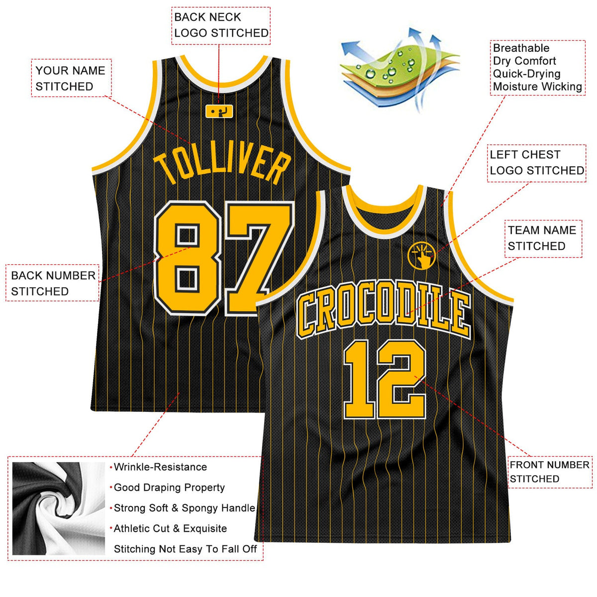 Custom Black Gold Pinstripe Gold-Black Authentic Basketball Jersey Limited