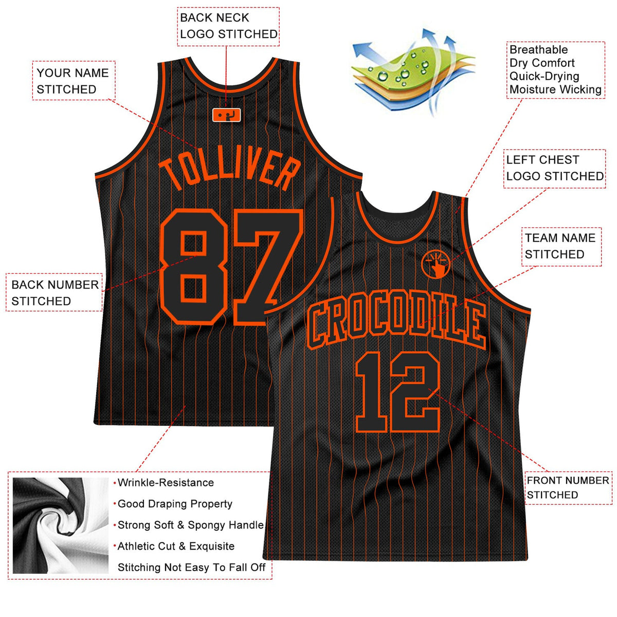 Custom Black Orange Pinstripe Black-Orange Authentic Basketball Jersey Limited