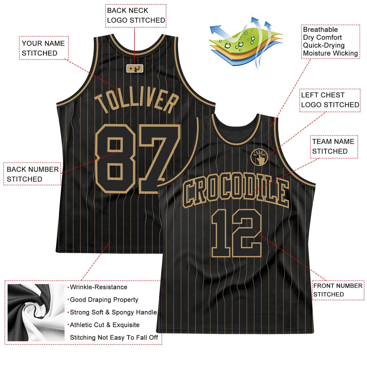 Custom Black Old Gold Pinstripe Black-Old Gold Authentic Basketball Jersey Limited
