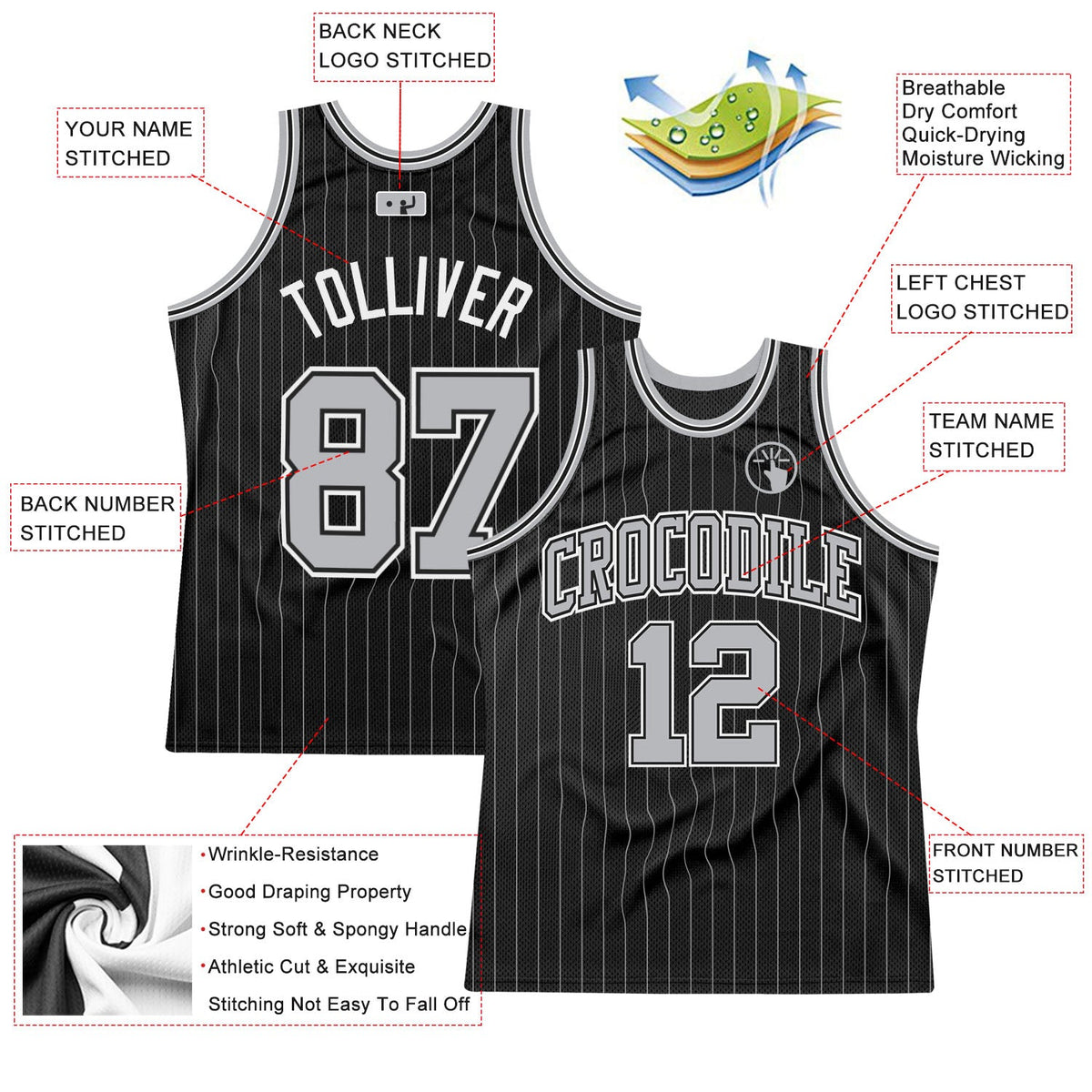 Custom Black Gray Pinstripe Gray-Black Authentic Basketball Jersey Limited