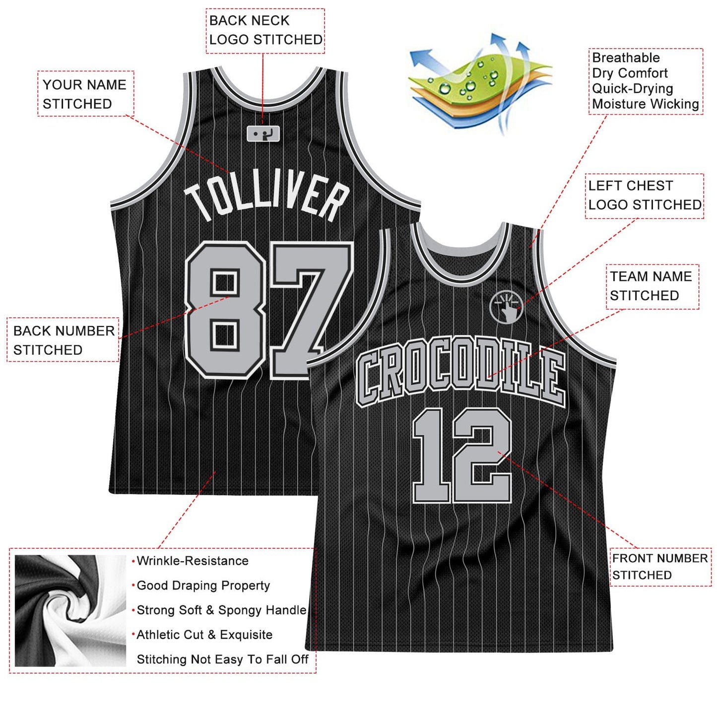 Custom Black Gray Pinstripe Gray-Black Authentic Basketball Jersey Limited